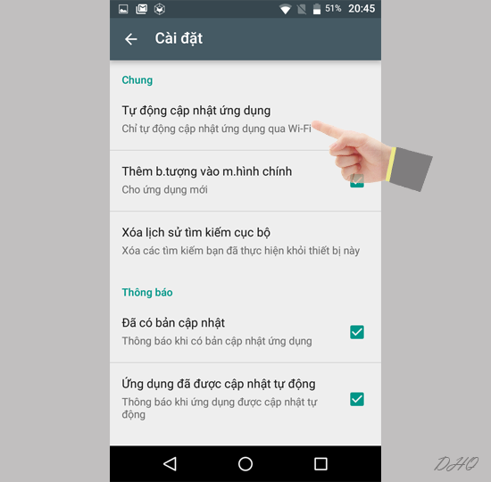 Chọn tự động cập nhật ứng dụng
